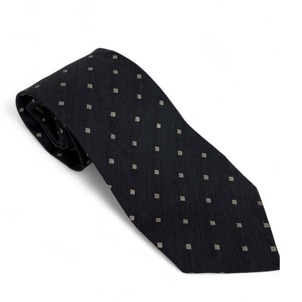 Perry Ellis Portfolio Mens Tie Black Gold Geometric Silk Wool Made USA Necktie
